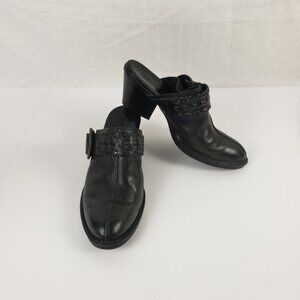 Born Sz 7 Black 2.5" Heel Mules Clogs Women Leather Adjustable Buckle Shoes Open